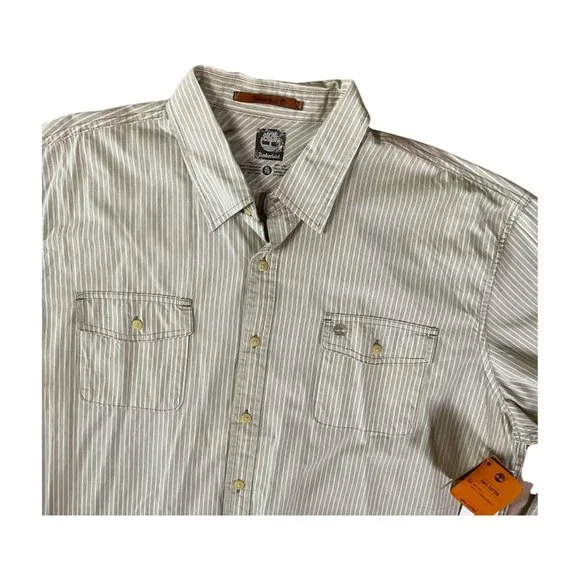 Timberland Men's NWT Button Down Striped Long Sleeve Shirt Beige and White XL - Picture 3 of 7